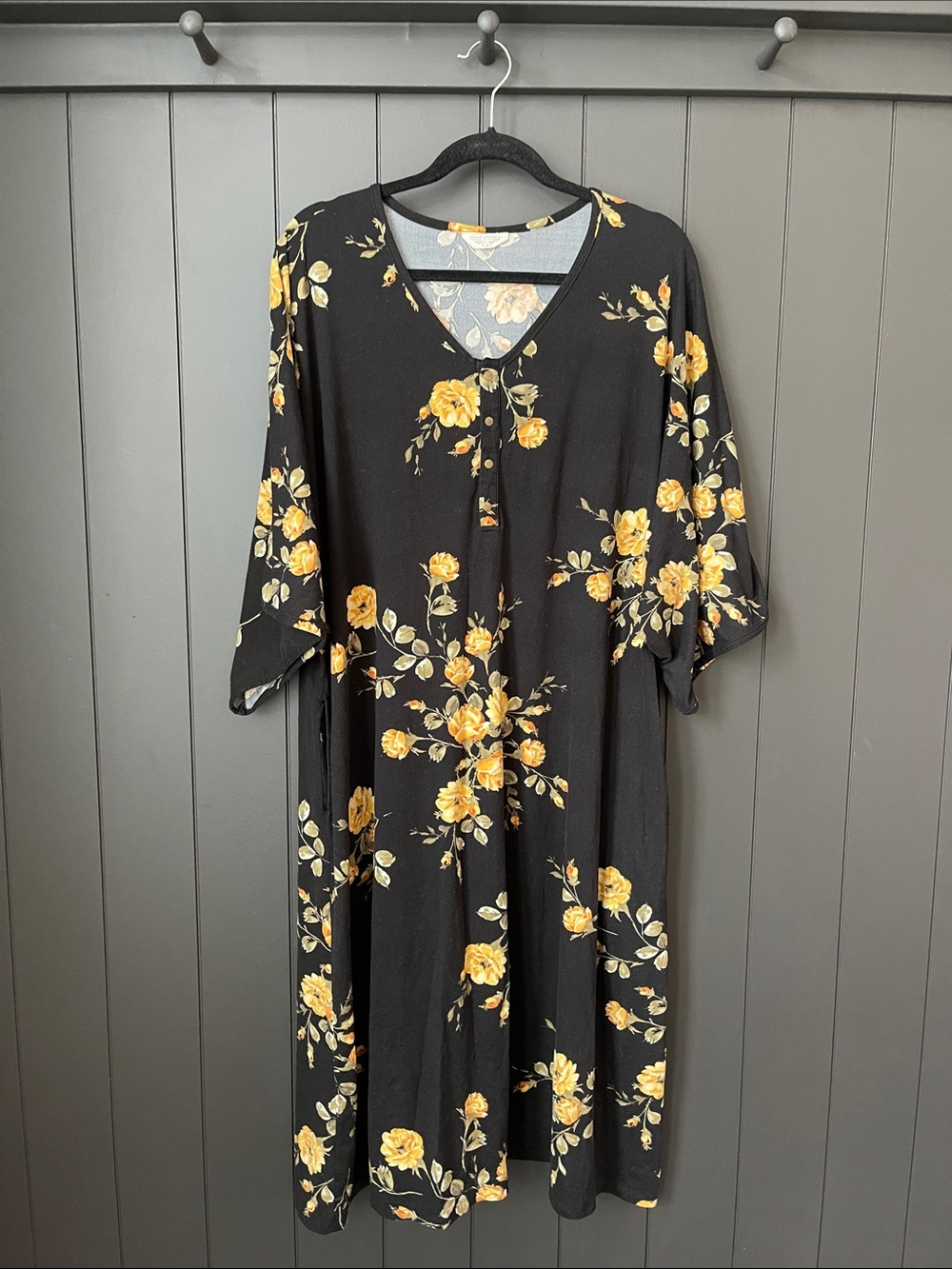 Dwell and Slumber House Dress - maternity Black Floral with Yellow Rose Print
